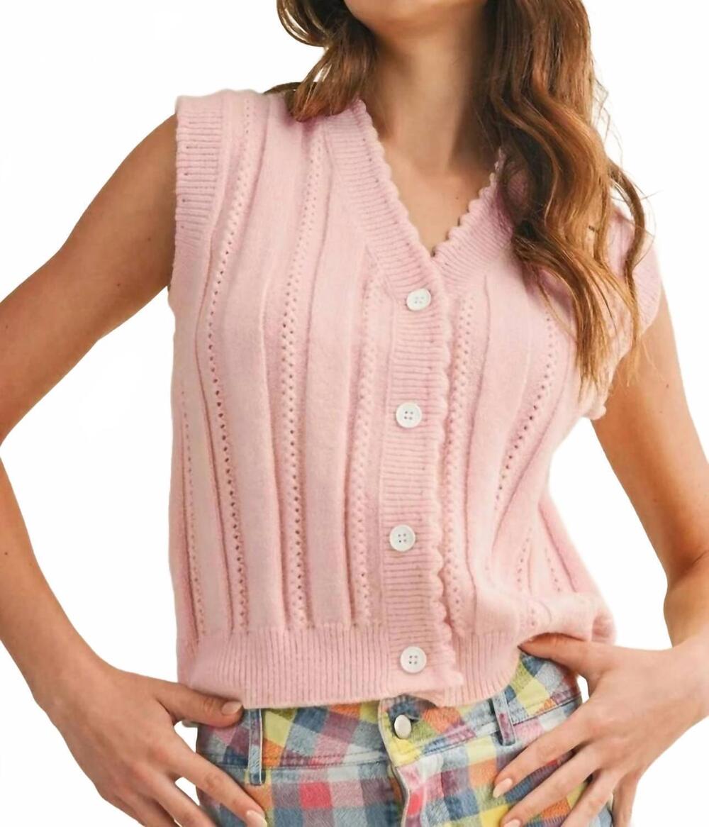 NEW LOVLOV soft horizon cable knit button vest in pink